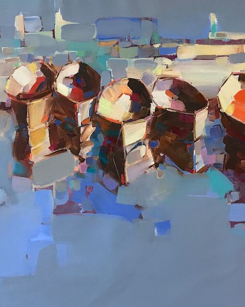 Rowboats, Original oil painting, Handmade artwork, Ready to Hang, One of a kind by Vahe Yeremyan