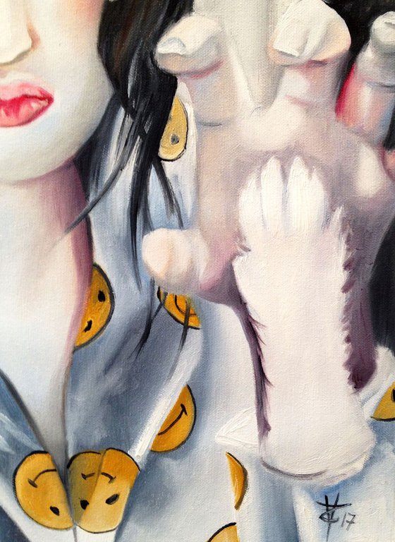 Selfie people : Meow girl - original painting- modern pop and urban portrait - 35 x 45 cm (14' x 17' )