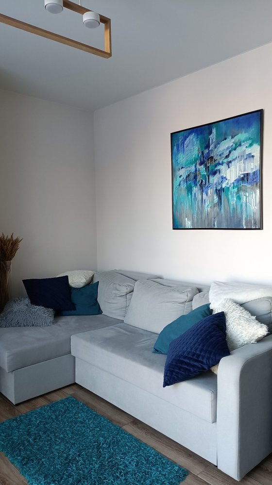 Blue Lagoon - abstraction, oil, original oil painting on canvas, drips painting, blue colors, impressionism