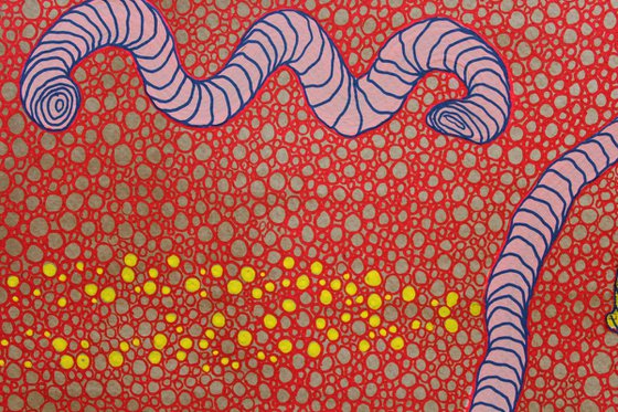 Worm, thread and yellow bubbles on red bubbles MIX16n96