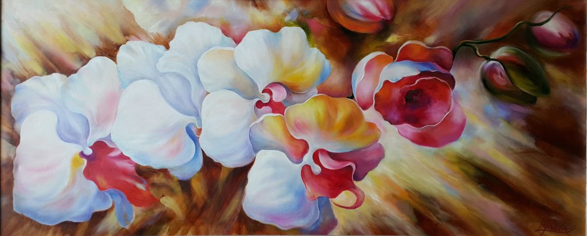Photorealistic Botanical Oil Painting By Viktoria Lapteva, 47 X 20", Orchids Flowers Of Love, Original Artwork
