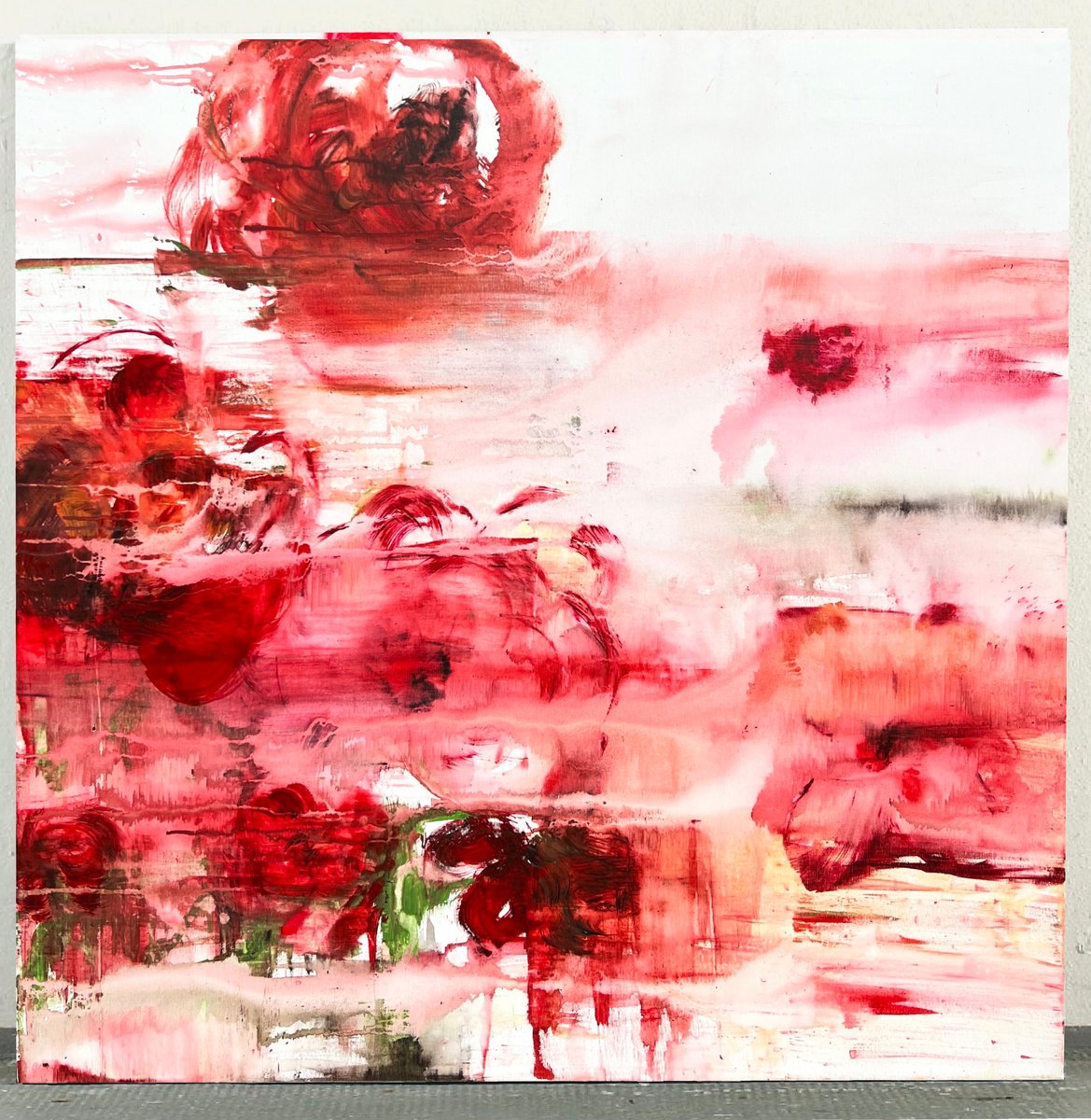 Abstract Botanical Acrylic Painting By Rosi Roys, 39 X 39", Blurred Flower 10, Original Artwork