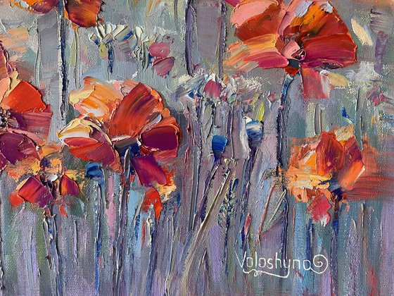 "Field of red poppies". Scenery. Flowers. Original oil painting