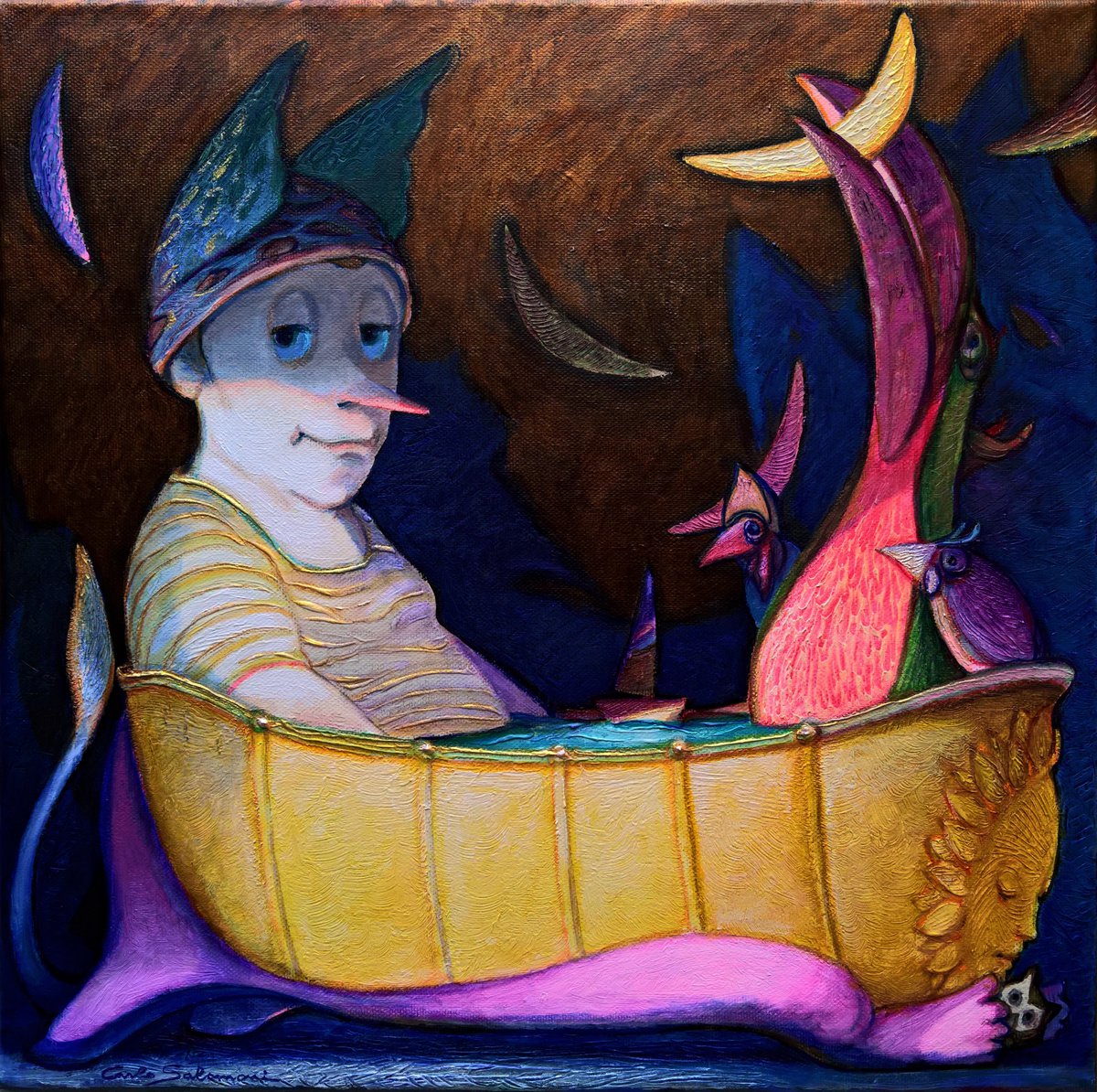 Surrealistic Portrait Acrylic Painting By Carlo Salomoni, 16 X 16, Always Together, Indivisible, Original Artwork