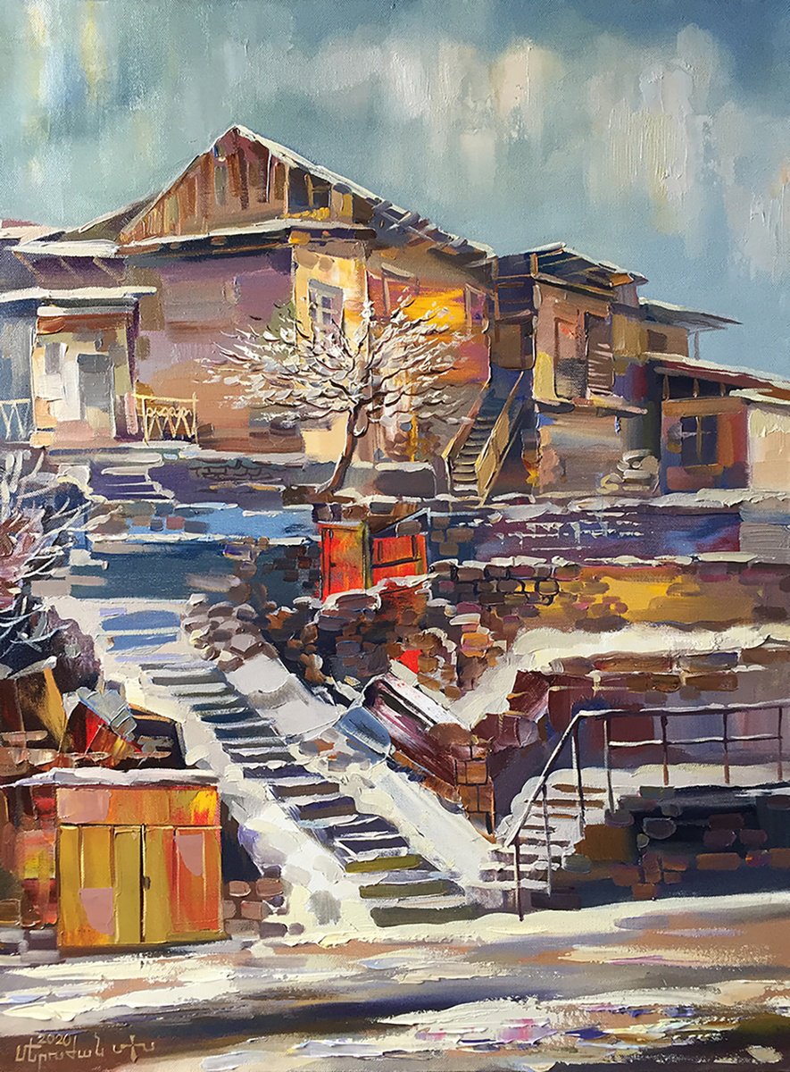 Impressionistic Cityscapes Oil Painting By Meruzhan Khachatryan, 24 X 31", Winter In Kond, Yerevan, Original Artwork