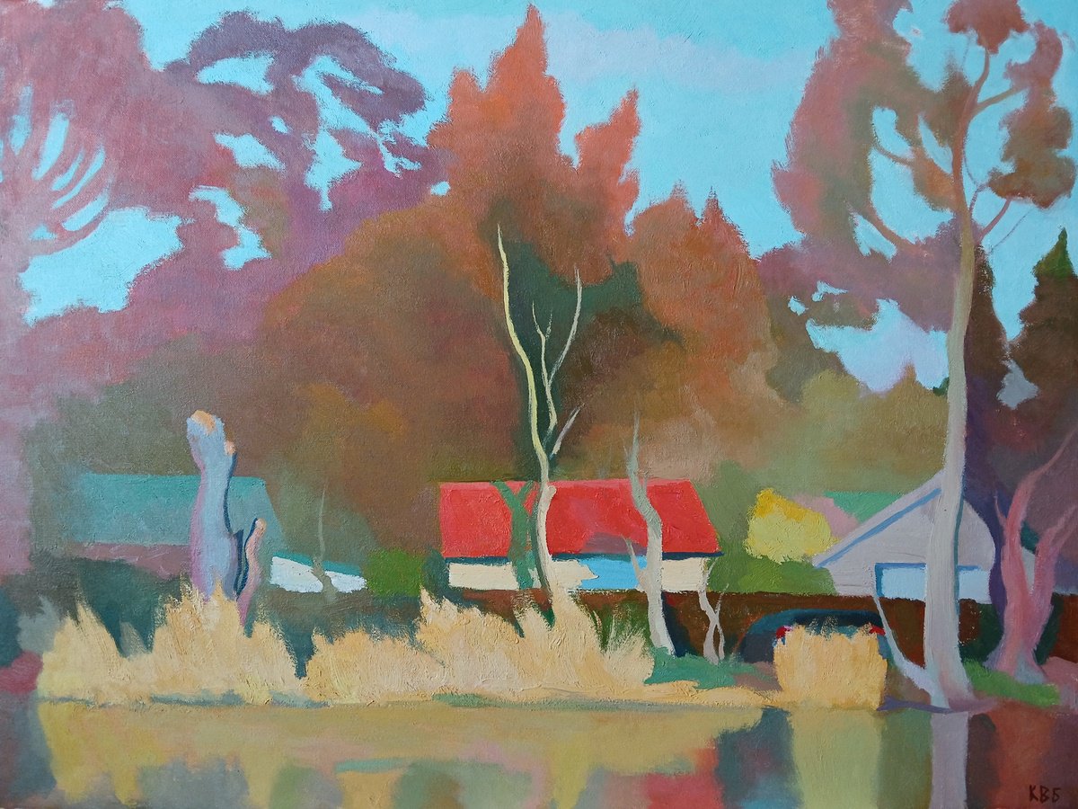 Impressionistic Landscape Oil Painting By Vasyl Koval, 31 X 24", A Quiet Evening By The River, Original Artwork