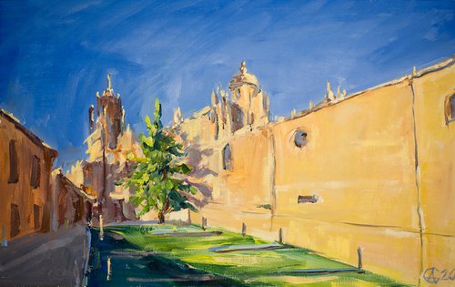 Salamanca. View of the Cathedral Original oil. Small original sunny architecture spain yellow urban old town by Sasha Romm