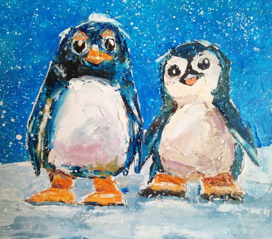 Penguin Couple Bird Small Artwork Snow Landscape