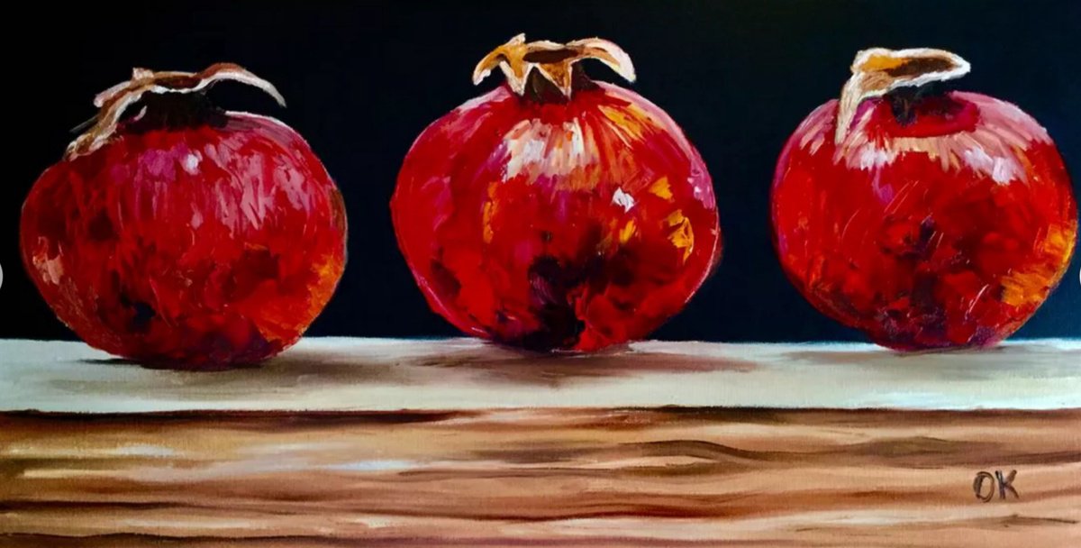 Expressive Still Life Oil Painting By Olga Koval, 24 X 12", Pomegranates, Original Artwork