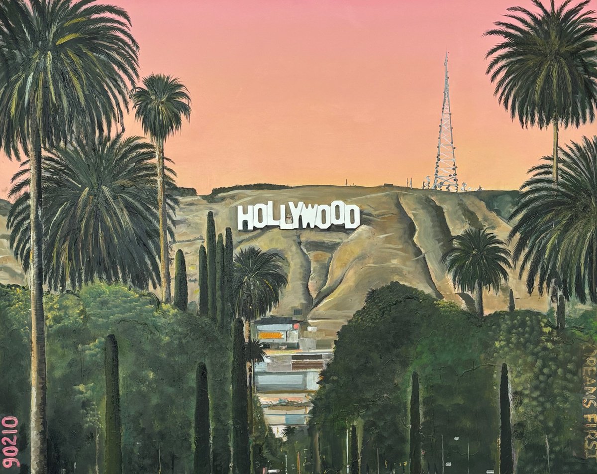 Landscape Oil Painting By Emma Loizides, 39 X 31, Hollywood Sunset, Original Artwork