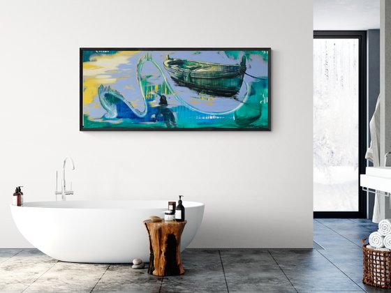 Big painting - "Swimming girl" - Pop Art - Lake - Boat - Bright seascape - Girl in water