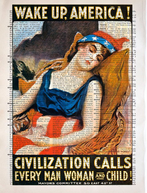 Wake Up, America! - Collage Art Print on Large Real English Dictionary Vintage Book Page by Jakub DK - JAKUB D KRZEWNIAK