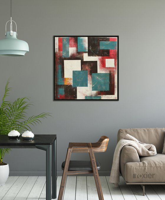 Incl Black Frame - Red City Square - 85x85 cm - Original painting by Ronald Hunter - 15J