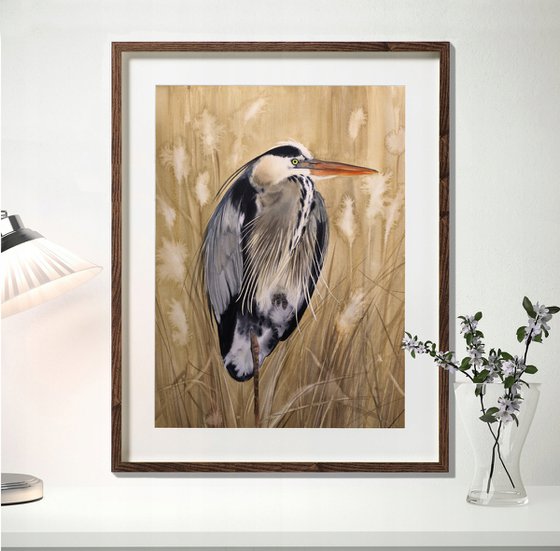 Grey heron  - Grey Heron in Reed Bed - bird painting -  heron