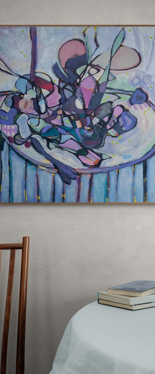 DINNER FOR FOUR- large scale mixed media painting, 1 x 1 meter, square by Yulia Ani