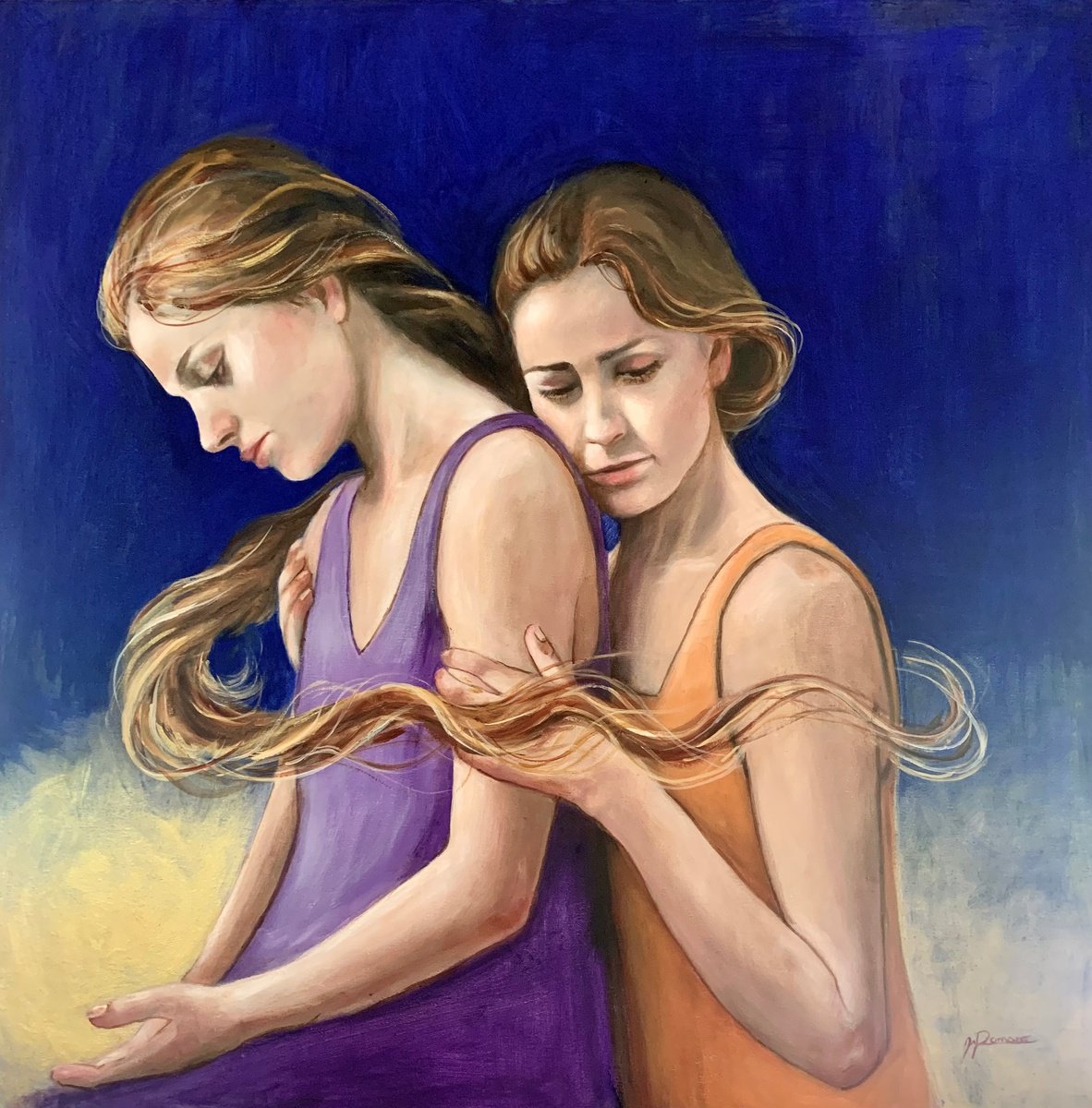 Expressive Portrait Oil Painting By Maria Romano, 24 X 24", Shared Silences, Original Artwork