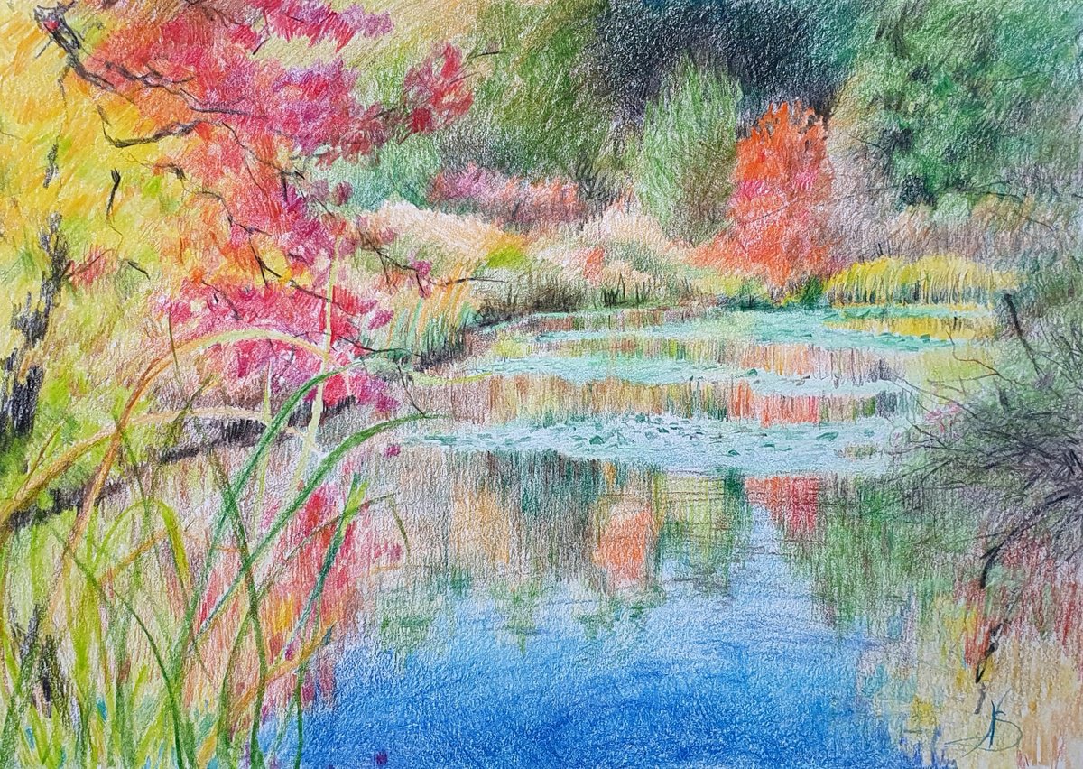 Impressionistic Landscape Pencil Drawing By Sonata Art, 16 X 12", Autumn