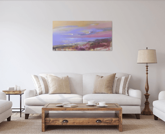 Bright horizontal painting - "Violet sunset" - Landscape - Expressionism - Seascape - Sunset