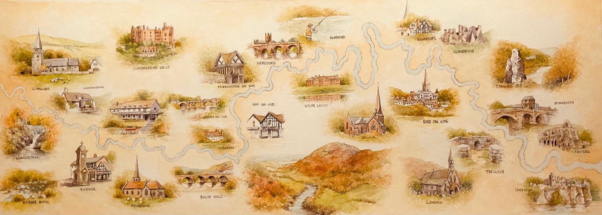 Illustrative Landscape Watercolour By Christopher Hughes, 25 X 9, The River Wye. Chepstow To Rhayader, Original Artwork