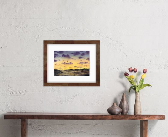 Sunset at the pier. Original watercolor artwork.