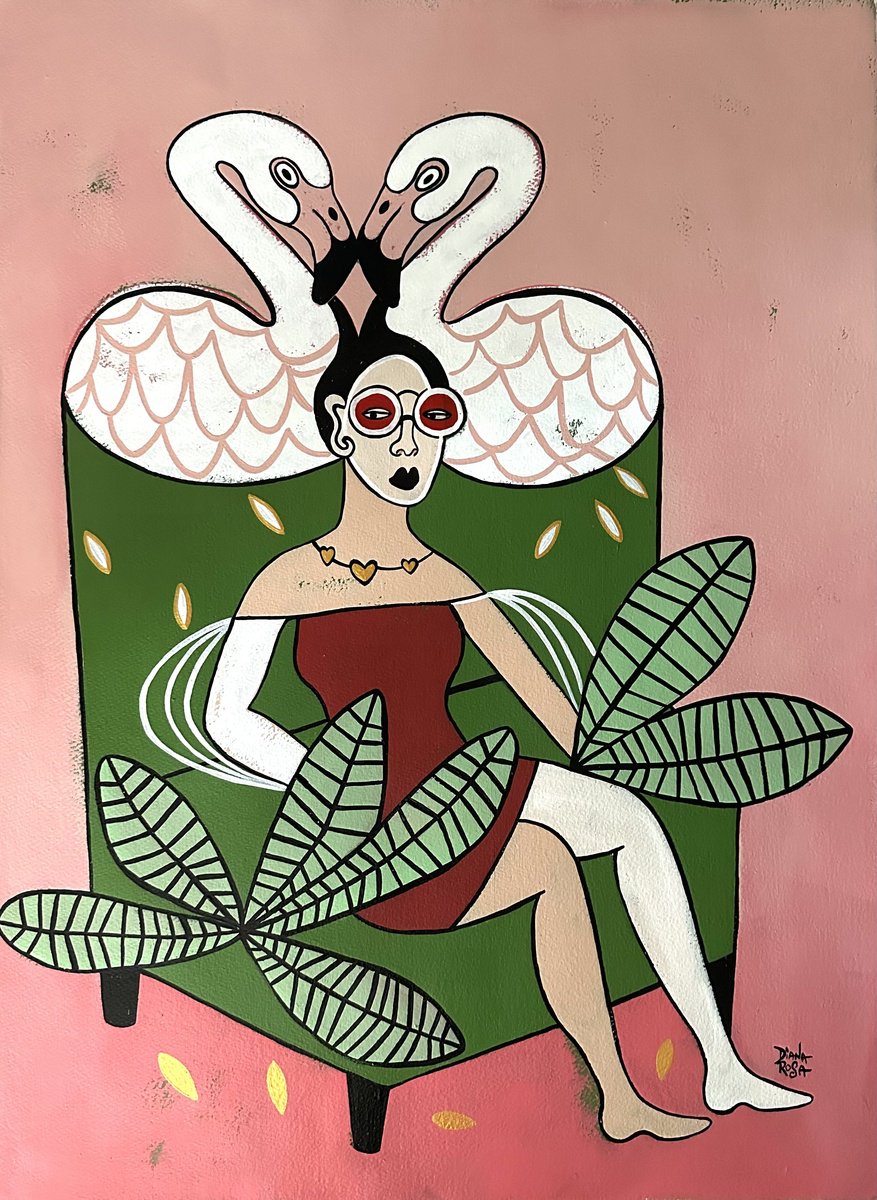 Surrealistic Portrait Acrylic Painting By Diana Rosa, 25 X 37, Flamingo Chair, Original Artwork