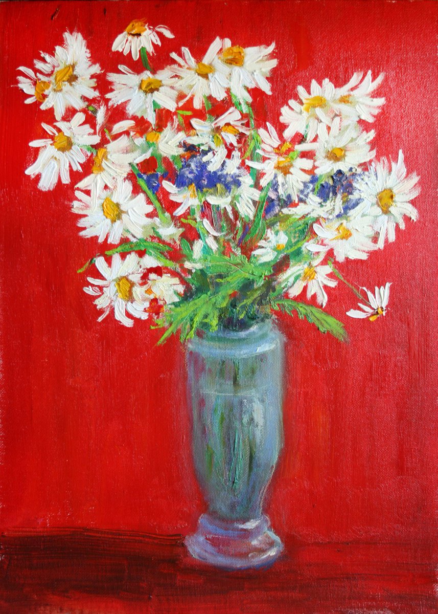 Daisies On Red By Salana Art / Svetlana Samovarova, 12 X 17, Artwork For Sale On Artfinder