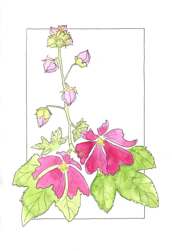 Flowers original watercolor - Mallows illustration - Floral mixed media drawing (2021)