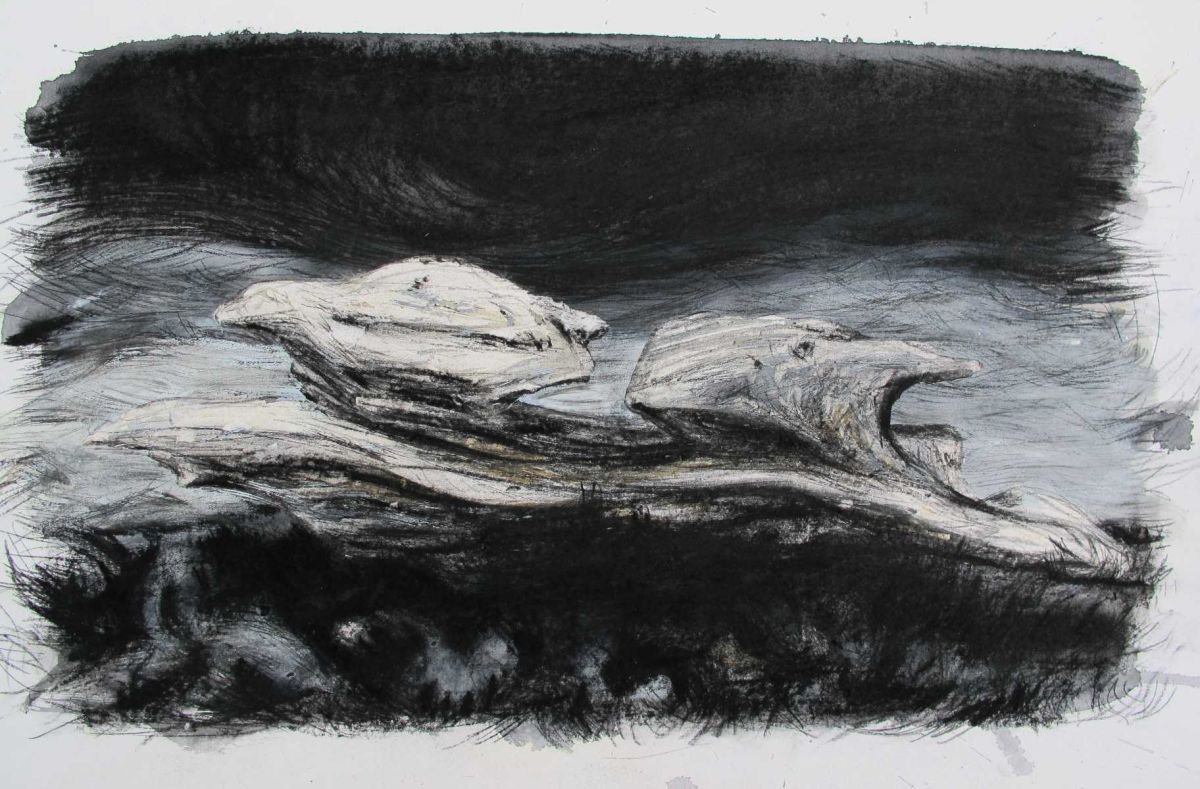 Expressive Landscape Charcoal Drawing By John Sharp, 22 X 15, Rocks On Kinder Scout 1, Original Artwork