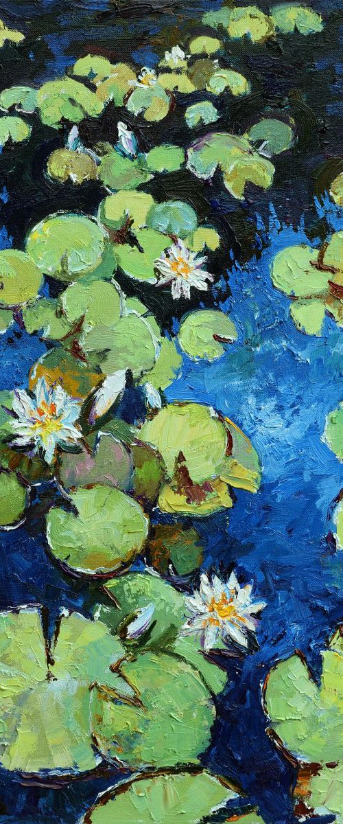 Water lilies with white flowers Original Oil painting by Anastasiia Valiulina