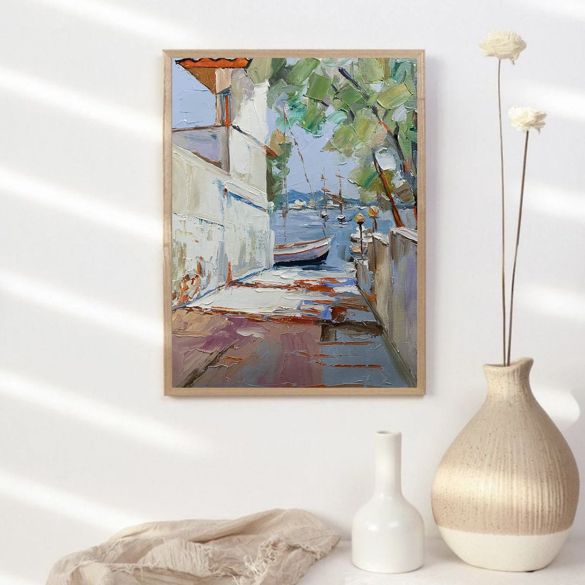 Impressionistic Landscape Oil Painting By Vita Schagen, 12 X 16", Mediterranean Harbor., Original Artwork