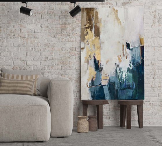 "Breeze 2" Teal gold gray abstract art