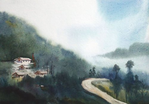 Monsoon Himalaya Village - Watercolor on Paper by Samiran Sarkar