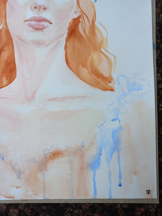 Chastity. Watercolor woman portrait 27x39 cm/11x15 in