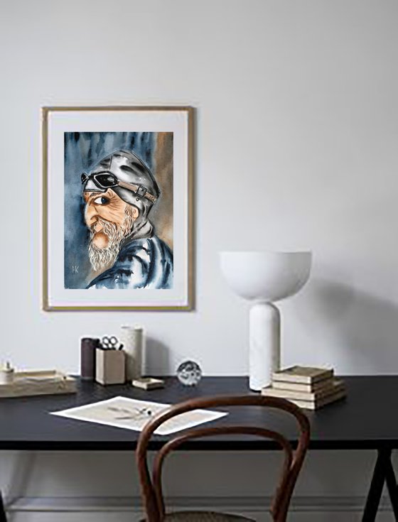 Pilot Painting Aviator Original Art Old Man Watercolor Portrait Artwork Small Home Wall Art 8 by 12" by Halyna Kirichenko