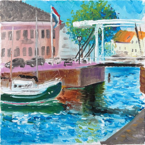 Yacht by drawbridge in Goes
