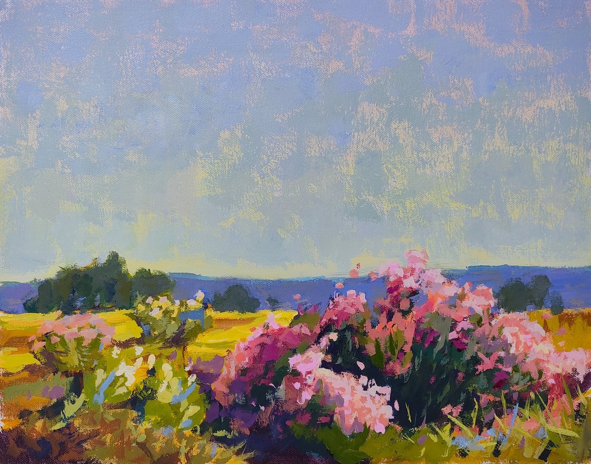 Impressionistic Landscape Acrylic Painting By Kristina Sellers, 14 X 11", Blooming Fields, Original Artwork