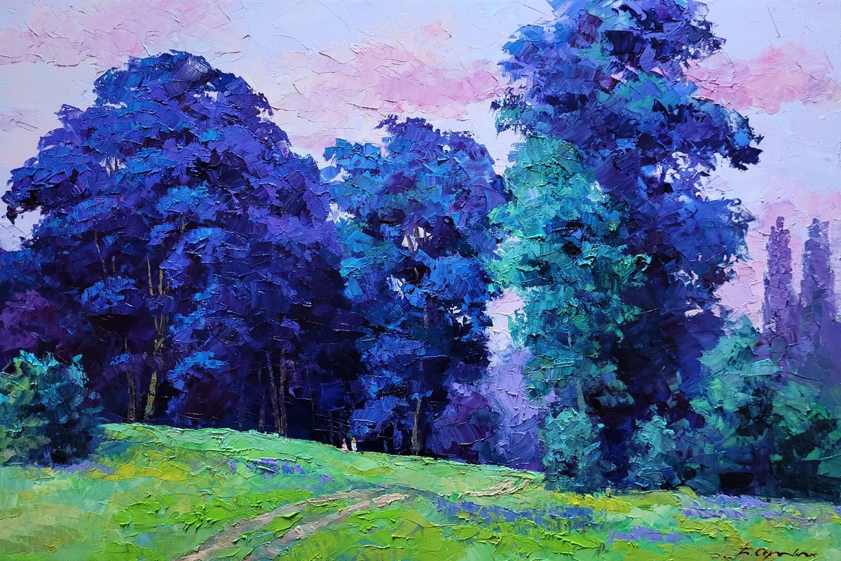 Impressionistic Landscape Oil Painting By Boris Serdyuk, 35 X 24, A Meadow On The Edge, Original Artwork