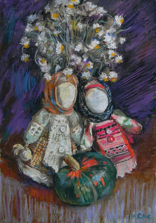 Two girlfriends (from the series "Dolls and Pumpkins") by Liudmyla Chemodanova