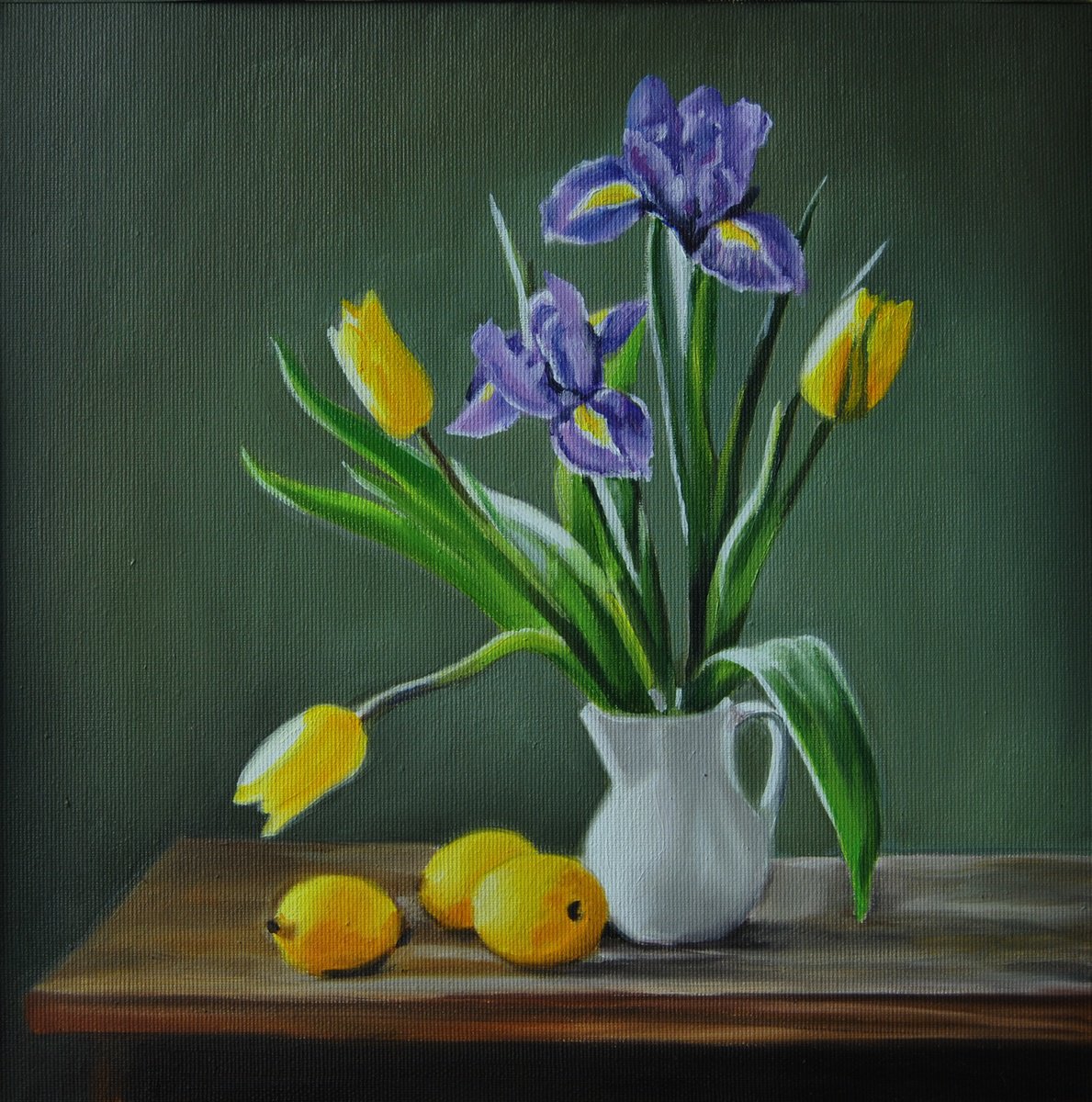 Photorealistic Oil Painting , Irises And Lemons By Simona Tsvetkova, 12 X 12, Artwork For Sale On Artfinder