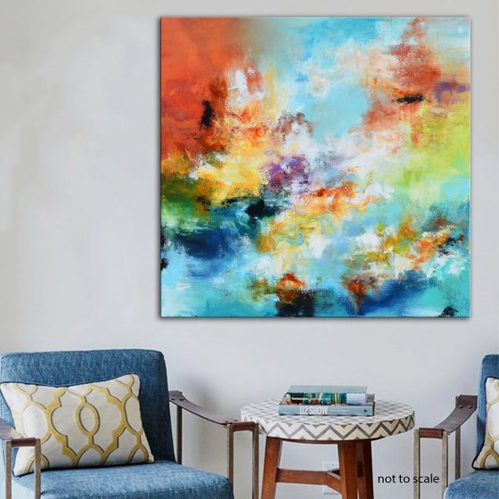 Reflection - Original white, blue and orange square abstract painting