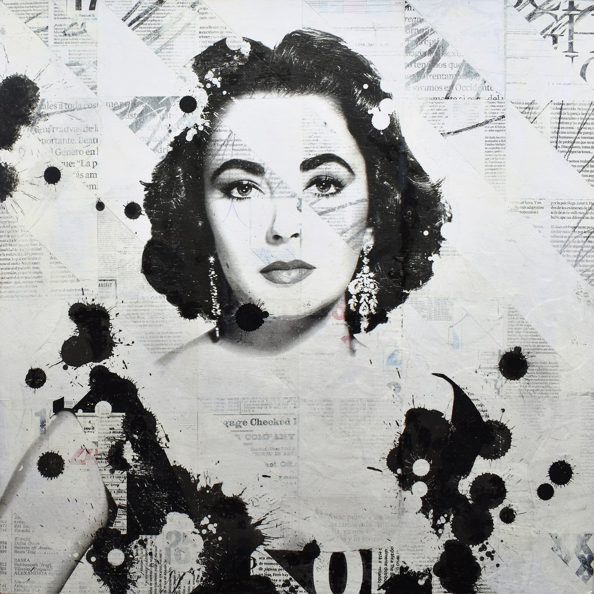 Portrait Collage By Manel Villalonga, 24 X 24", 86 Elizabeth Taylor, Original Artwork