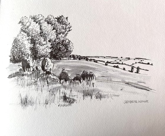 The Rollrights Stone Circle Cotswolds Landscape Painting Ink drawing by ...