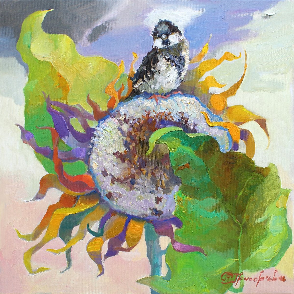 Impressionistic Botanical Oil Painting By Anastasiia Grygorieva, 16 X 16, Hangover On A Sunflower, Original Artwork