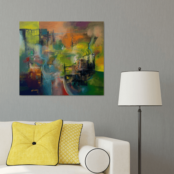 Immaterial Landscape, Home painting, Colorful art, Abstract Landscape, Blue green orange colorful oil on canvas