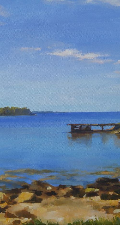 Lone mooring line, original acrylic on canvas seascape (22x28x0.7'') by Alexander Koltakov