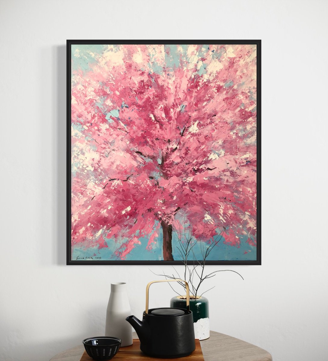 Impressionistic Botanical Oil Painting By Volodymyr Smoliak, 24 X 28", Blooming Tree, Original Artwork