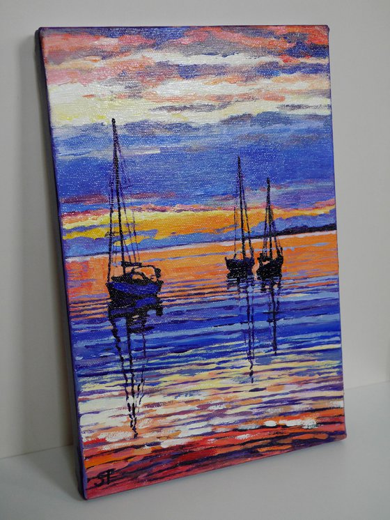 "SUNDOWN AND BOATS".  ORIGINAL  PAINTING, READY TO HANG, WALL DECOR, GIFT IDEA