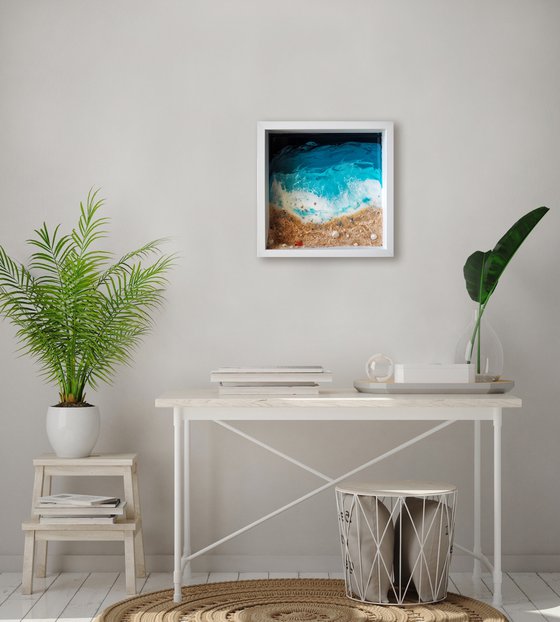 My little private beach - original seascape 3d artwork, framed, ready to hang
