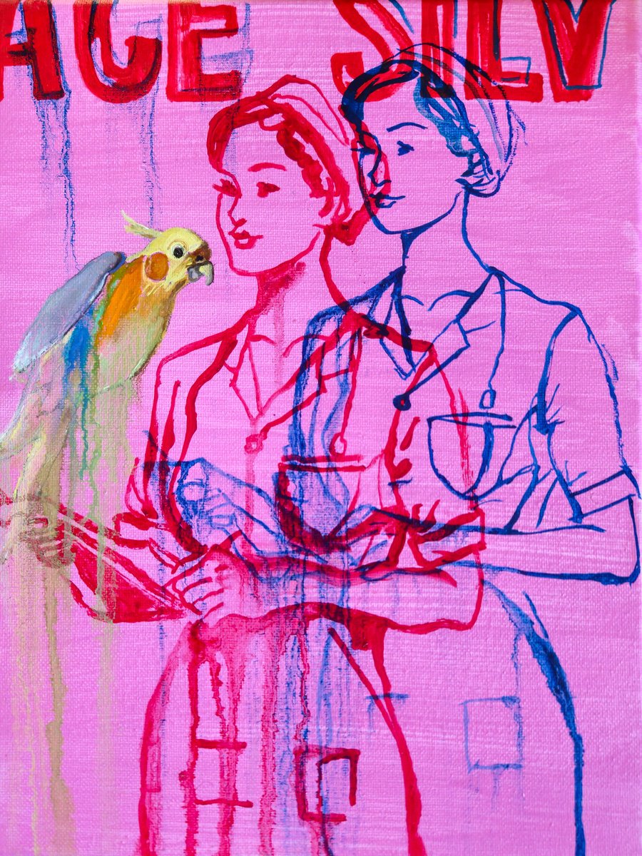 Graphic Portrait Oil Painting By Shelton Walsmith, 11 X 14", Birds + Words, Original Artwork