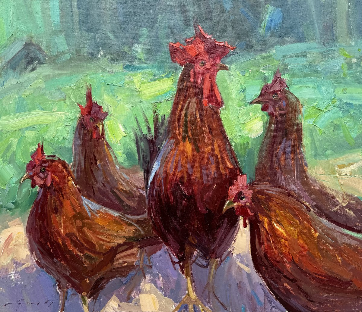 Expressive Animal Oil Painting By Ivan Dragan, 28 X 24, Chickens, Original Artwork